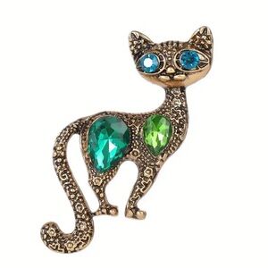 Brushed Gold Cat Brooch Pin Green Blue Rhinestone Feline New